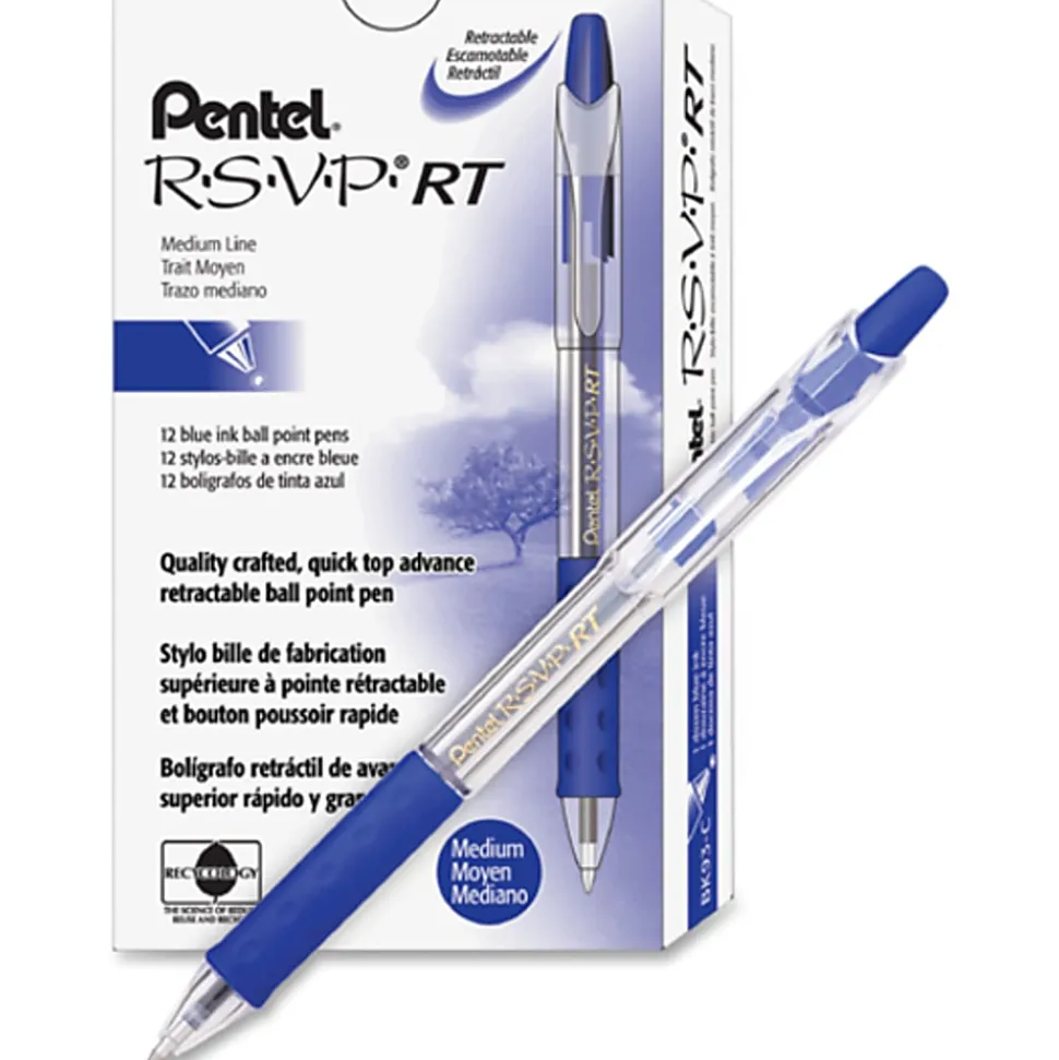 Pentel® R.S.V.P.® RT Retractable Ballpoint Pens, Medium Point, 1.0 mm, 61% Recycled, Transparent Blue Barrel, Blue Ink, Pack Of 12 Pens