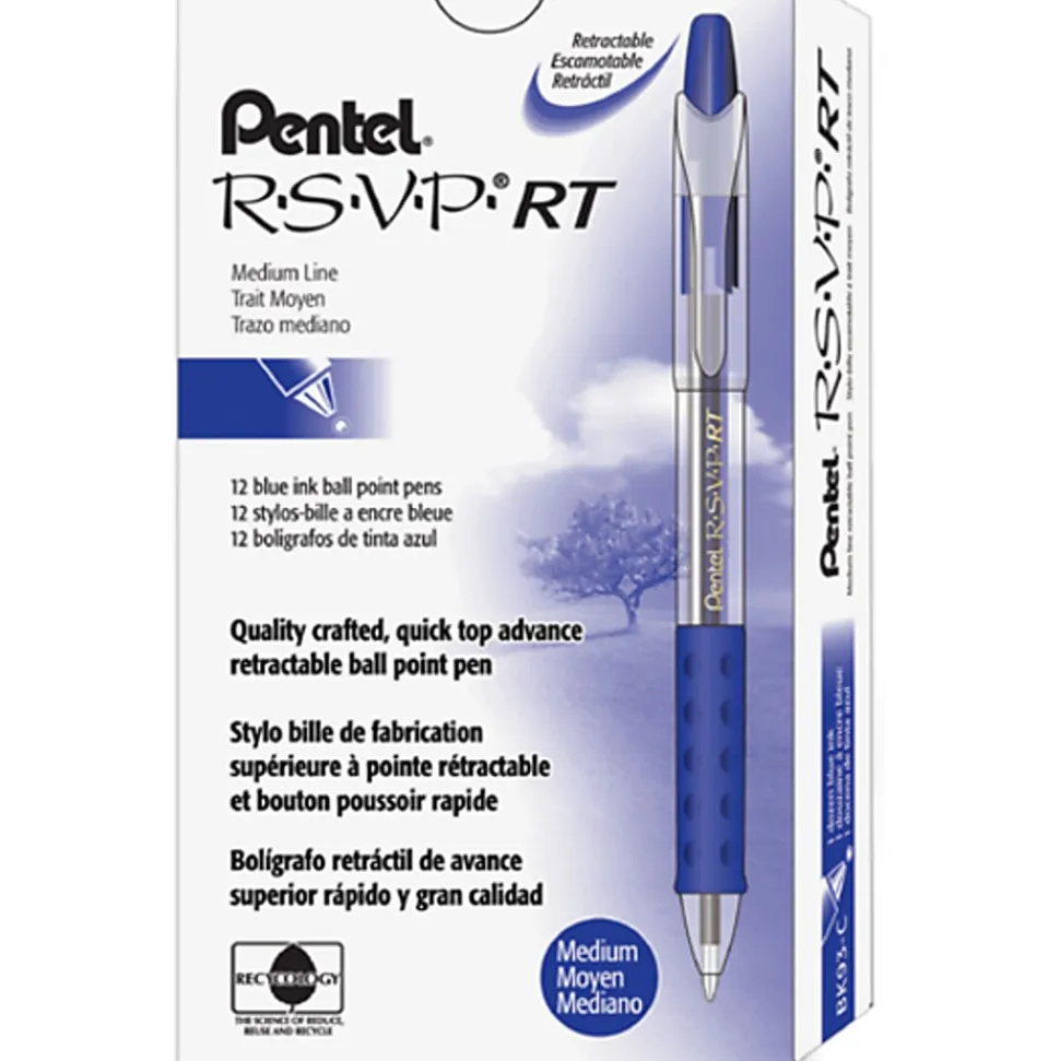 Pentel® R.S.V.P.® RT Retractable Ballpoint Pens, Medium Point, 1.0 mm, 61% Recycled, Transparent Blue Barrel, Blue Ink, Pack Of 12 Pens