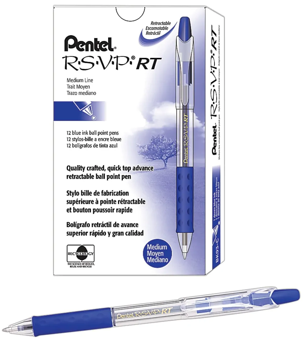 Pentel® R.S.V.P.® RT Retractable Ballpoint Pens, Medium Point, 1.0 mm, 61% Recycled, Transparent Blue Barrel, Blue Ink, Pack Of 12 Pens