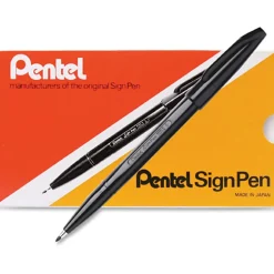 Pentel® Sign Pens®, Fine Point, 2.0 mm, Black Barrel, Black Ink, Pack Of 12 Pens