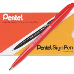 Pentel® Sign Pens®, Fine Point, 2.0 mm, Red Barrel, Red Ink, Pack Of 12 Pens