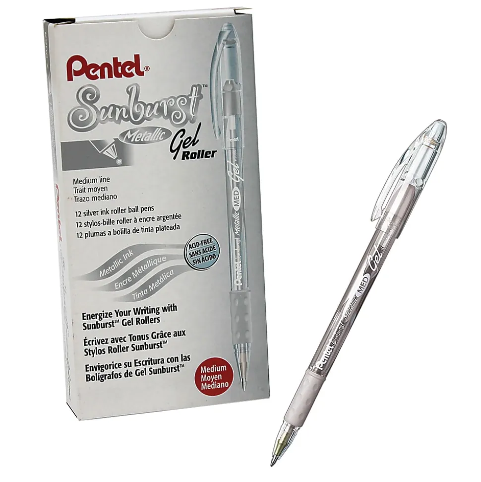 Pentel® Sunburst™ Metallic Pen, Silver, Pack of 12
