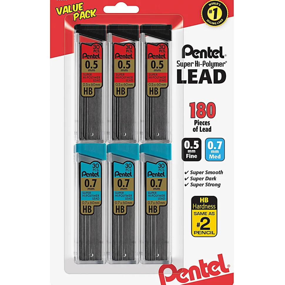 Pentel Super Hi-Polymer Lead Refills Value Pack, 3 Packs of 0.5 mm, 3 Packs of 0.7 mm Point, 30 Leads per Pack - 180 Total Quantity