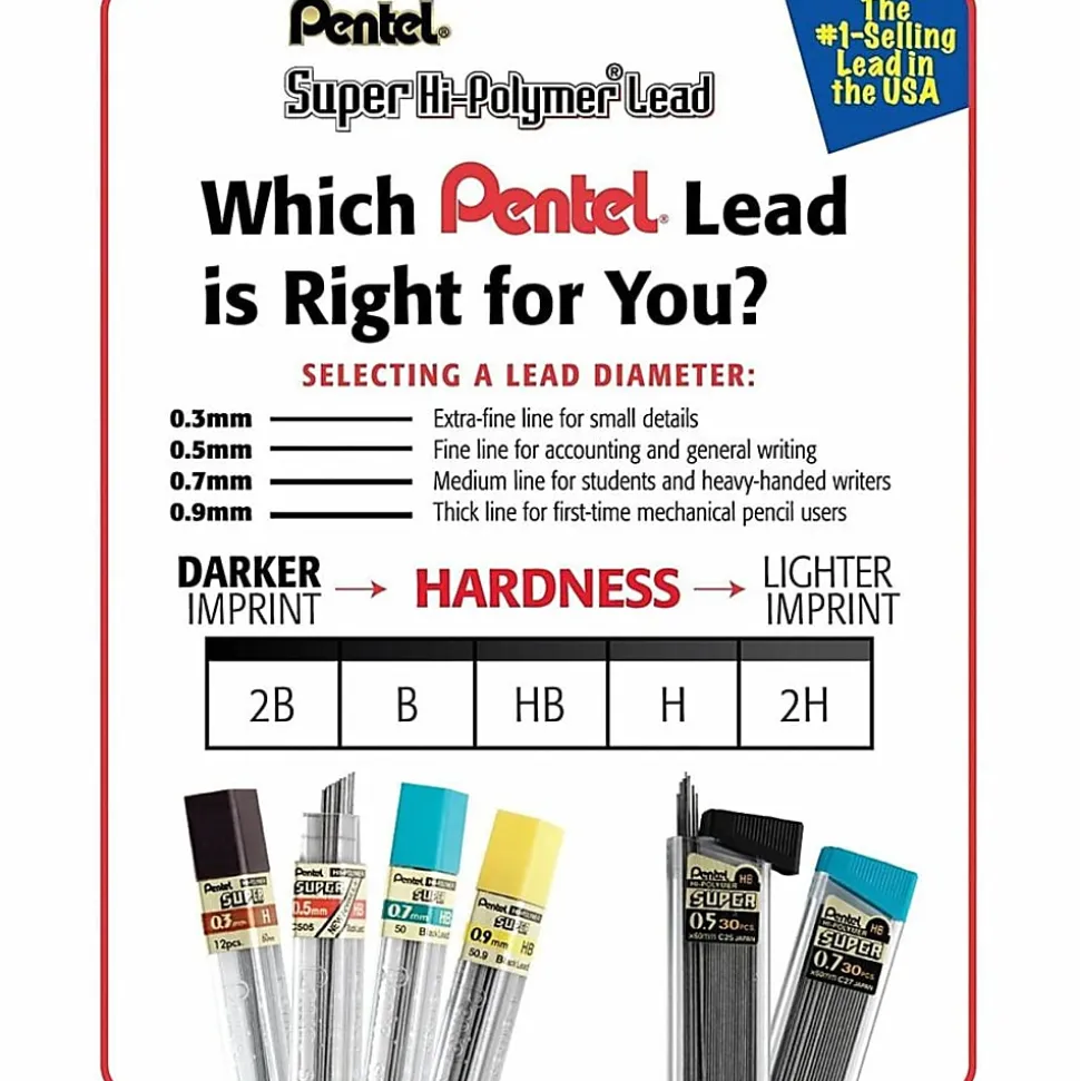Pentel® Super Hi-Polymer® Leads, 0.9 mm, HB, 15 Leads Per Tube
