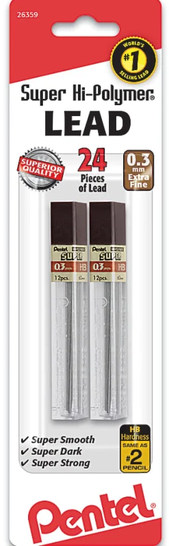 Pentel® Super Hi-Polymer® Leads, 0.3 mm, HB, 24 Leads Per Tube