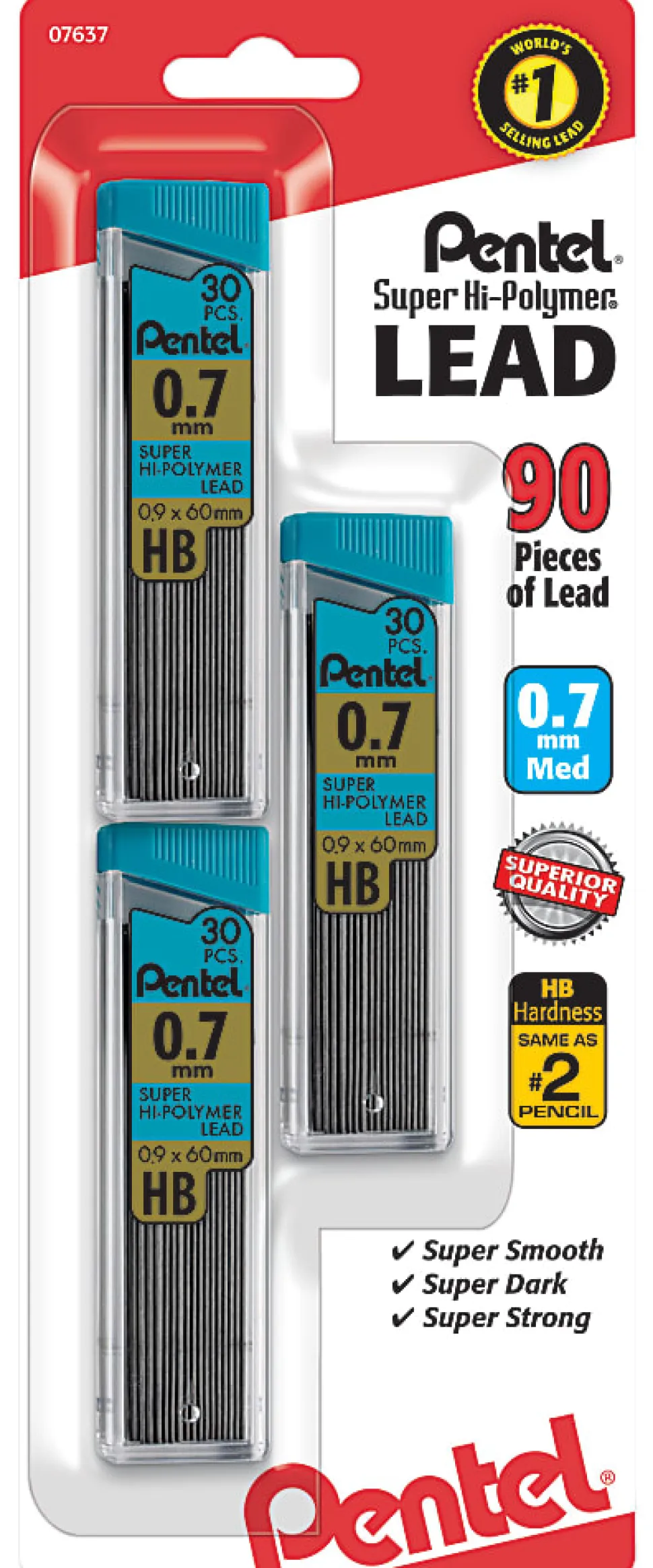Pentel® Super Hi-Polymer® Leads, 0.7 mm, Medium, HB, 30 Leads Per Tube, Pack Of 3 Tubes