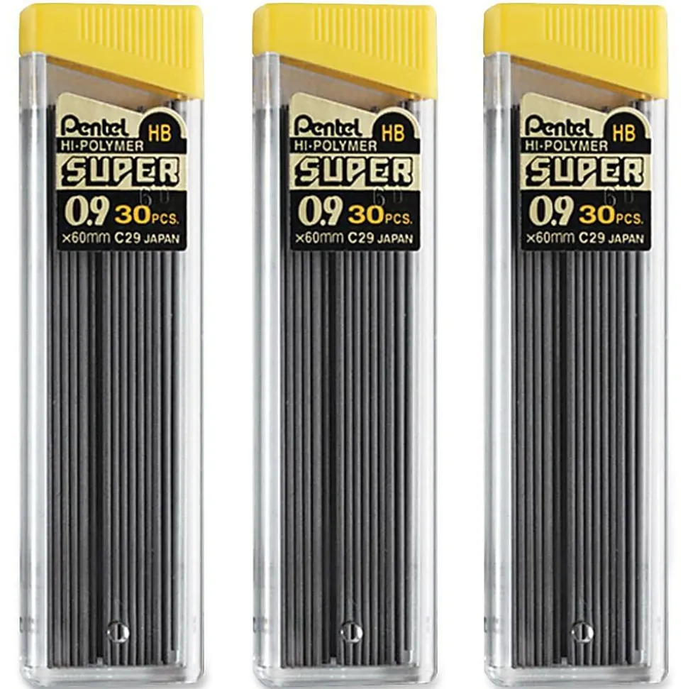 Pentel® Super Hi-Polymer® Leads, 0.9 mm, HB, 30 Leads Per Tube, Pack Of 3 Tubes