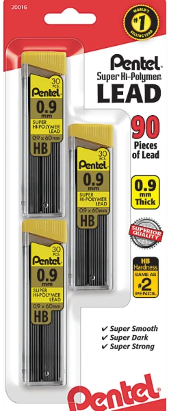 Pentel® Super Hi-Polymer® Leads, 0.9 mm, HB, 30 Leads Per Tube, Pack Of 3 Tubes