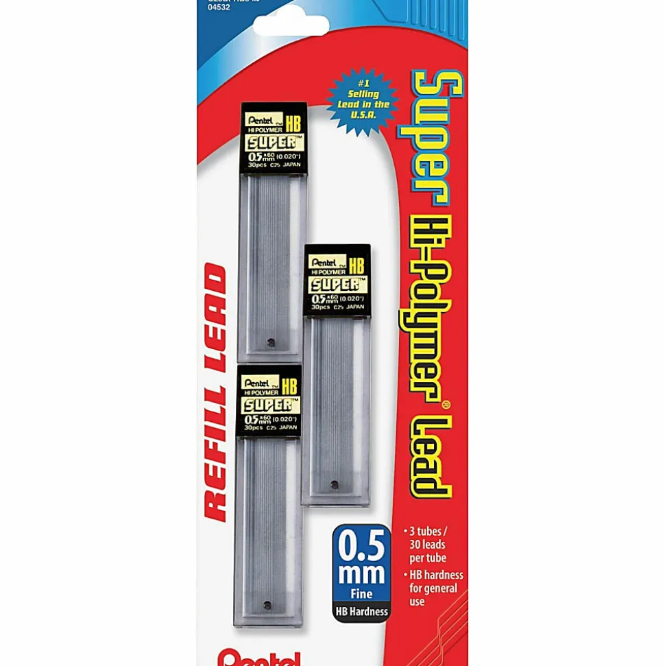 Pentel® Super Hi-Polymer® Leads, 0.5 mm, HB, 30 Leads Per Tube, Pack Of 3 Tubes