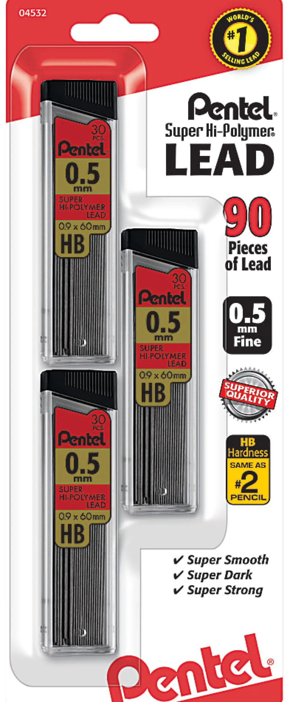 Pentel® Super Hi-Polymer® Leads, 0.5 mm, HB, 30 Leads Per Tube, Pack Of 3 Tubes