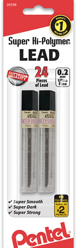 Pentel® Super Hi-Polymer® Leads, 0.2 mm, HB, 24 Leads Per Tube