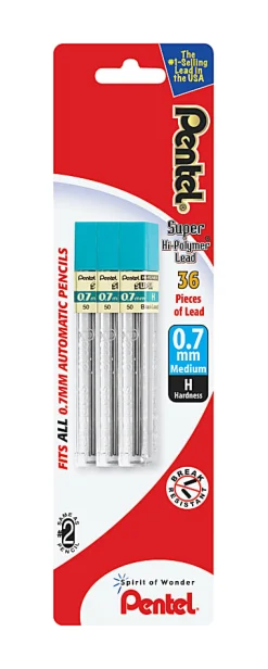 Pentel® Super Hi-Polymer Medium Line Lead Refills, 0.7 mm, H Hardness, Pack Of 36