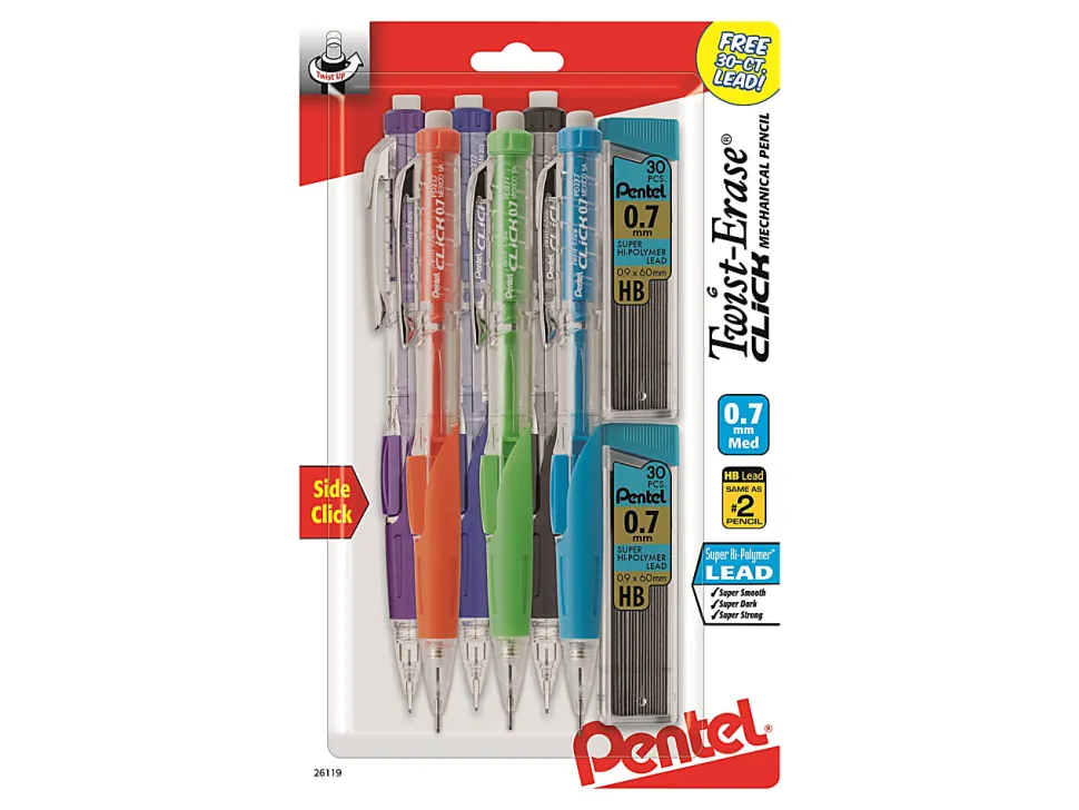 Pentel® Twist-Erase® CLICK Mechanical Pencils, Fine Point, 0.7mm, Assorted Barrels, Pack of 6, 2 Lead Refills