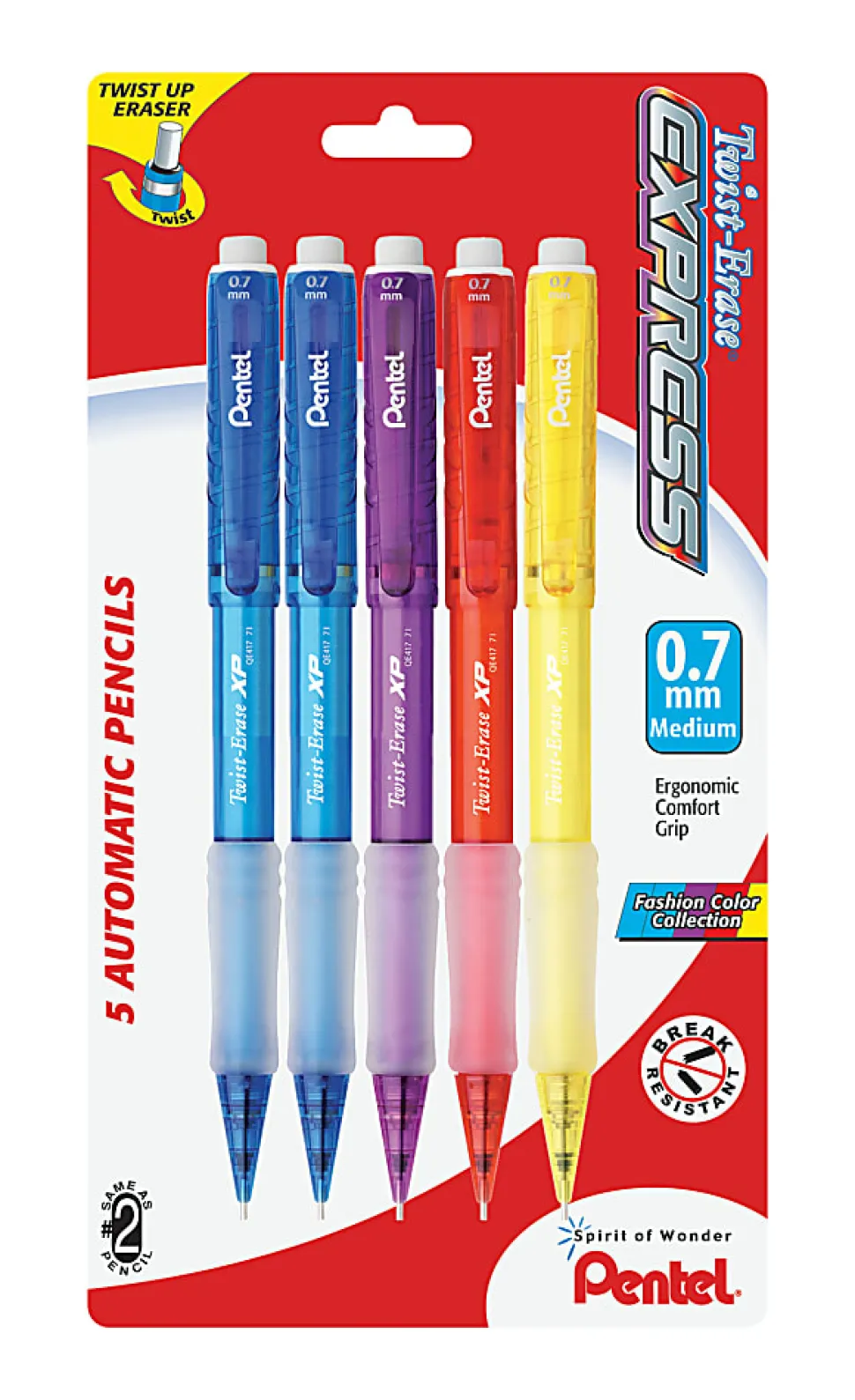 Pentel® Twist-Erase® Express Mechanical Pencils, Medium Point, 0.7 mm, HB Hardness, Assorted Barrel Colors, Pack Of 5