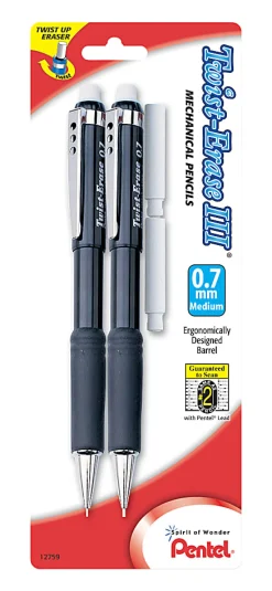Pentel® Twist-Erase® III Mechanical Pencils, 0.7mm, Assorted Barrel Colors, Pack Of 2 Pencils