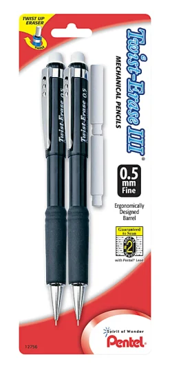 Pentel® Twist-Erase® III Mechanical Pencils, 0.5mm, #2 Lead, Assorted Barrel Colors, Pack Of 2