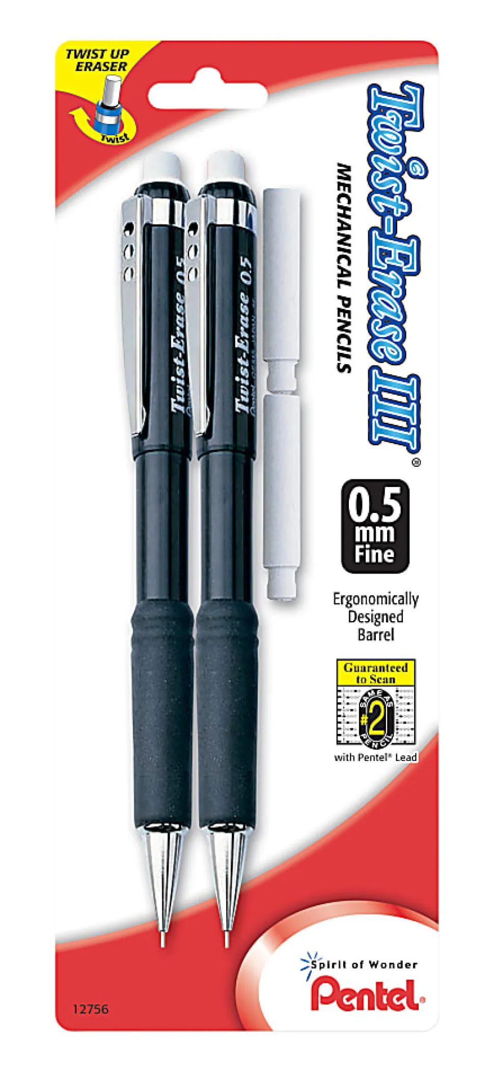 Pentel® Twist-Erase® III Mechanical Pencils, 0.5mm, #2 Lead, Assorted Barrel Colors, Pack Of 2