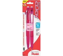 PentelĀ® Twist-Erase Pink Click Mechanical Pencils, #2 Lead, 0.7 mm, Refillable, Pink Barrel, Pack Of 2