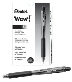 Pentel® WOW!™ Retractable Ballpoint Pens, Medium Point, 1.0 mm, Transparent Black Barrels, Black Ink, Pack Of 12
