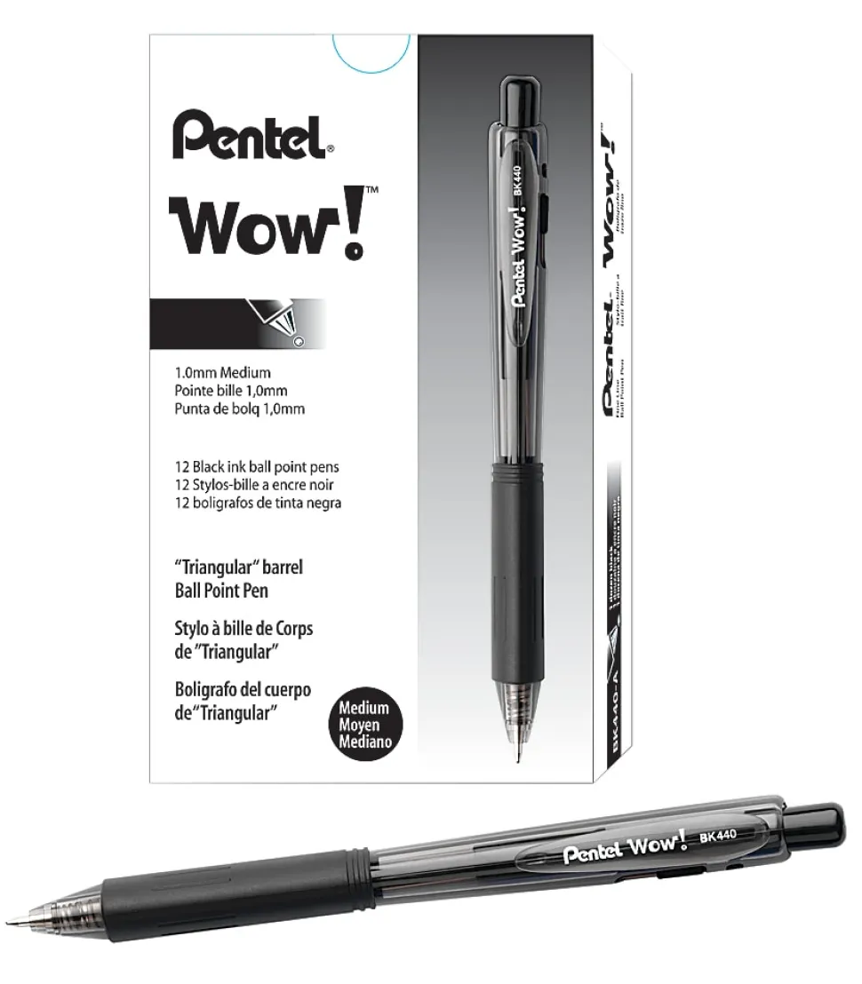 Pentel® WOW!™ Retractable Ballpoint Pens, Medium Point, 1.0 mm, Transparent Black Barrels, Black Ink, Pack Of 12
