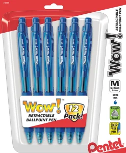 Pentel® WOW!⢠Retractable Ballpoint Pens, Medium Point, 1.0 mm, Blue Barrel, Blue Ink, Pack Of 12