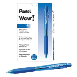 Pentel® WOW!™ Retractable Ballpoint Pens, Medium Point, 1.0 mm, Transparent Blue Barrels, Blue Ink, Pack Of 12