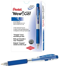 Pentel® Wow!™ Retractable Gel Roller Pens, Medium Point, 0.7 mm, Clear Barrel, Blue Ink, Pack Of 12