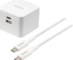 Philips GaN Dual-Port USB Wall Charger With Power Delivery, 6', White