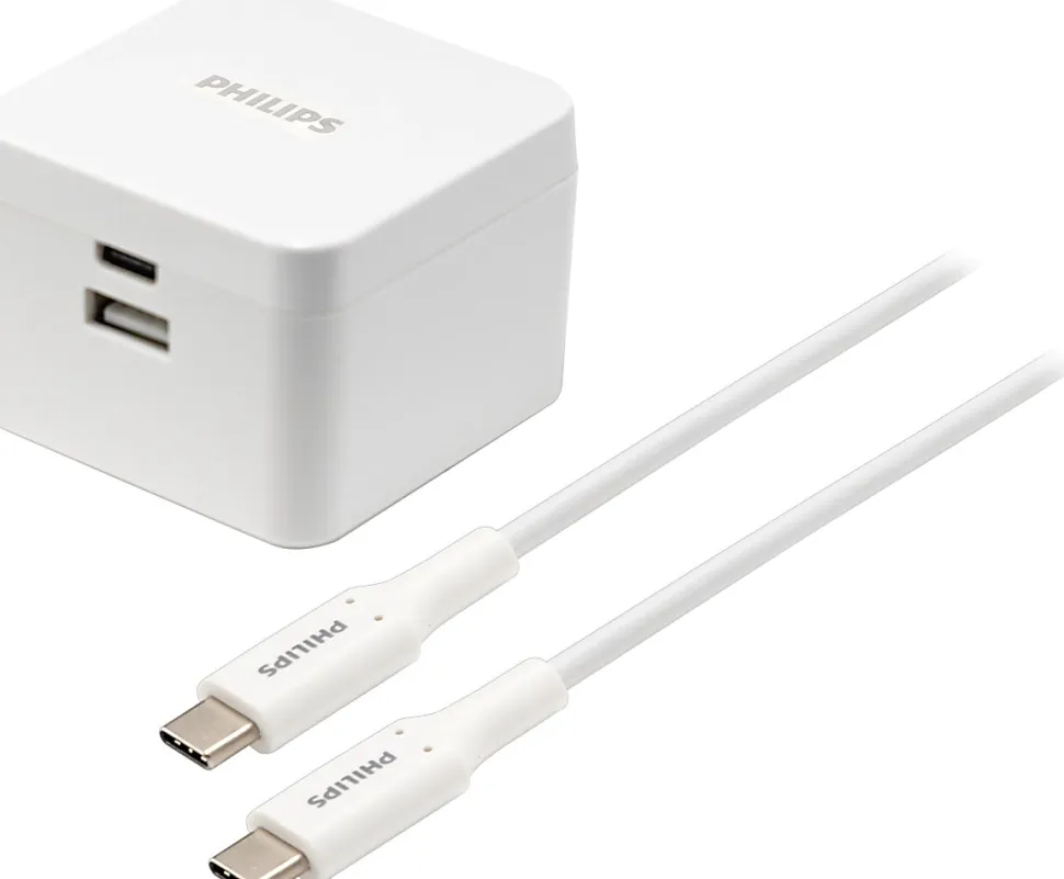 Philips GaN Dual-Port USB Wall Charger With Power Delivery, 6', White