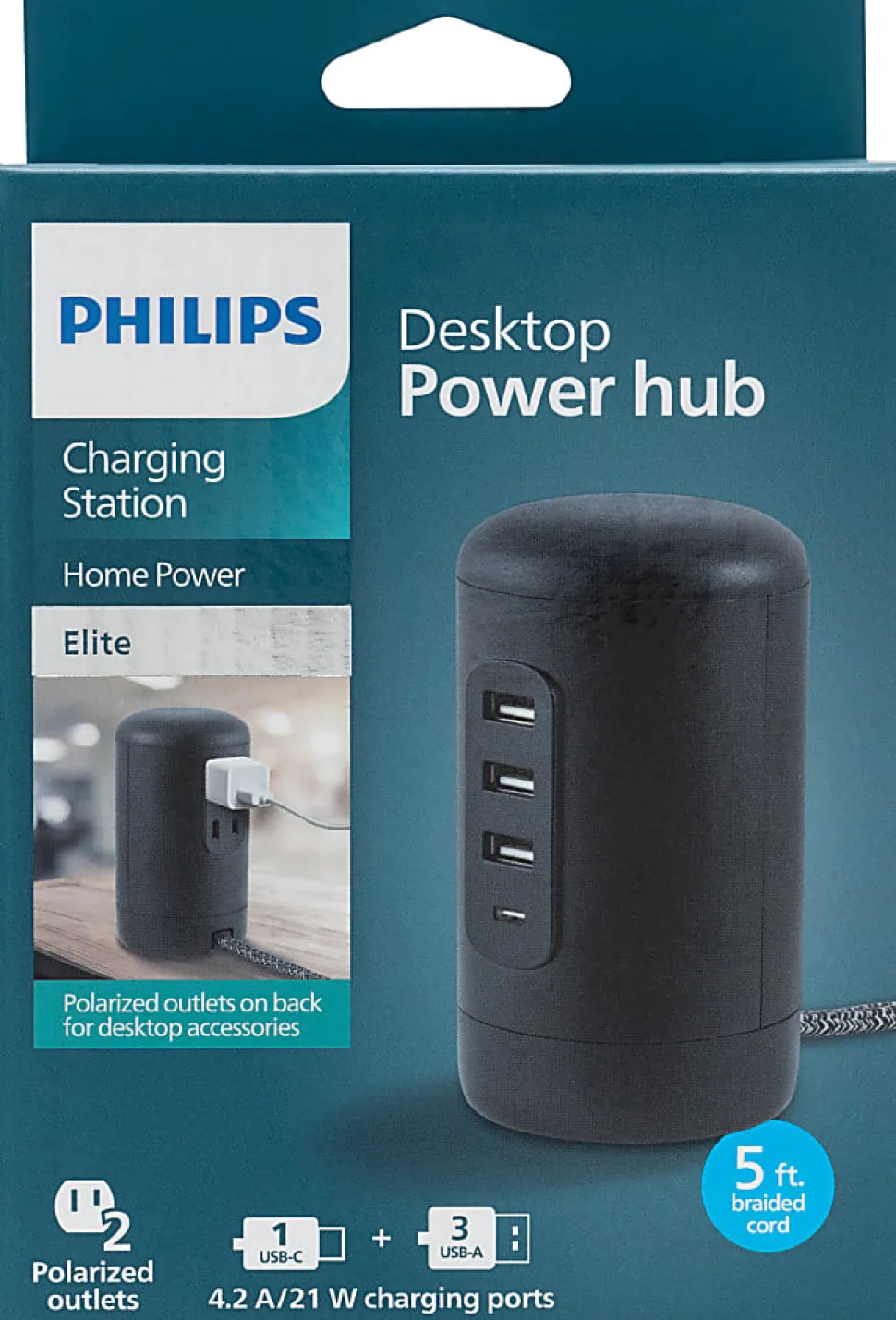 Philips 3 USB-A/1 USB-C/2-Outlet Desktop Charging Station, 5', Black