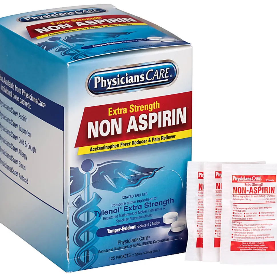 PhysiciansCare Non Aspirin Pain Reliever Medication, 2 Tablets Per Packet, Box Of 125 Packets