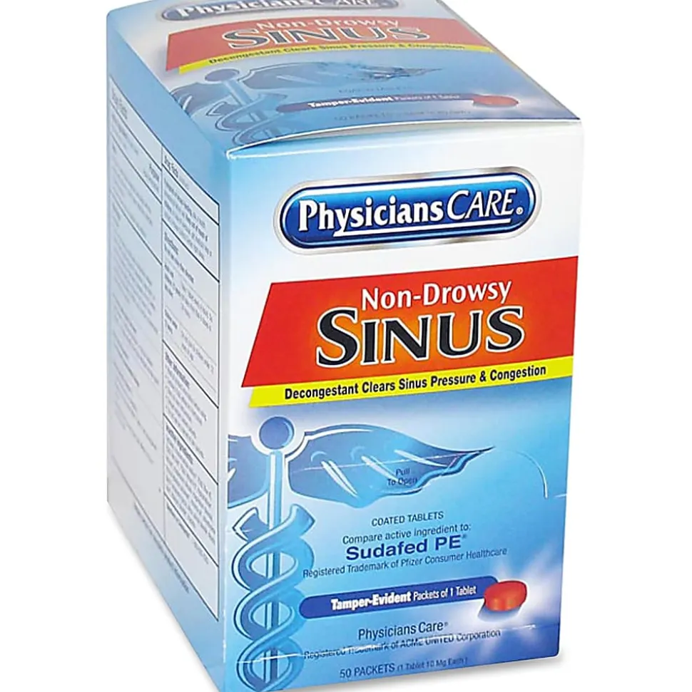 PhysiciansCare Sinus Decongestant Congestion Medication, 1 Tablet Per Packet, Box Of 50