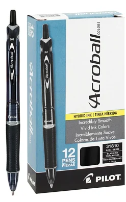 Pilot® Acroball Colors Retractable Advanced Ink Pens, Medium Point, 1.0 mm, Black Barrel, Black Ink, Pack of 12 Pens