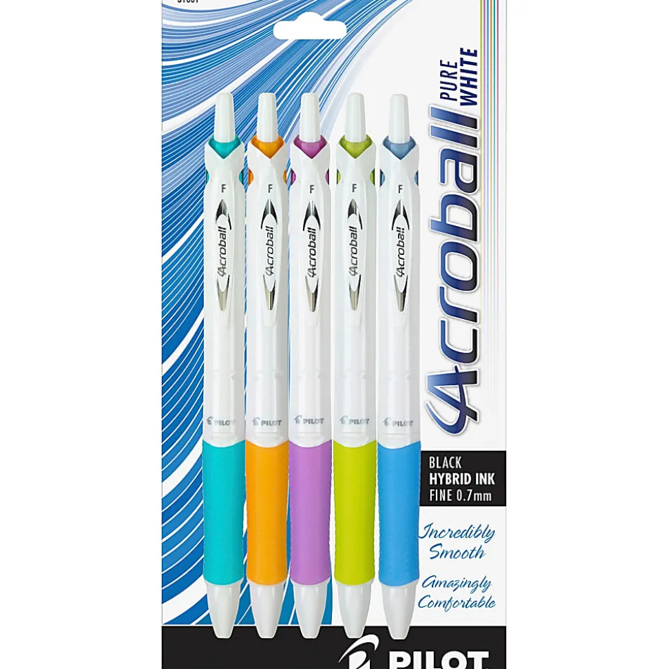 Pilot® Acroball Retractable Pens, Fine Point, 0.7 mm, White Barrel, Black Ink, Pack Of 5 Pens
