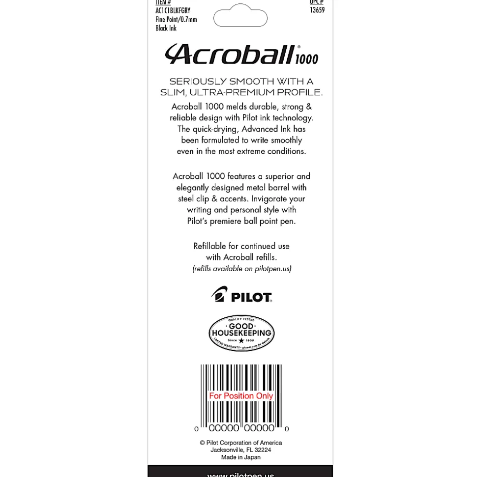 Pilot® Acroball 1000 Ultra-Premium Ballpoint Pen, Fine Point, 0.7 mm, Gray Barrel, Black Ink