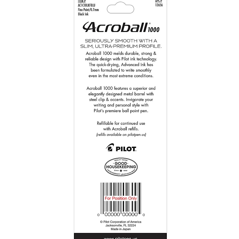 Pilot® Acroball 1000 Ultra-Premium Ballpoint Pen, Fine Point, 0.7 mm, Blue Barrel, Black Ink