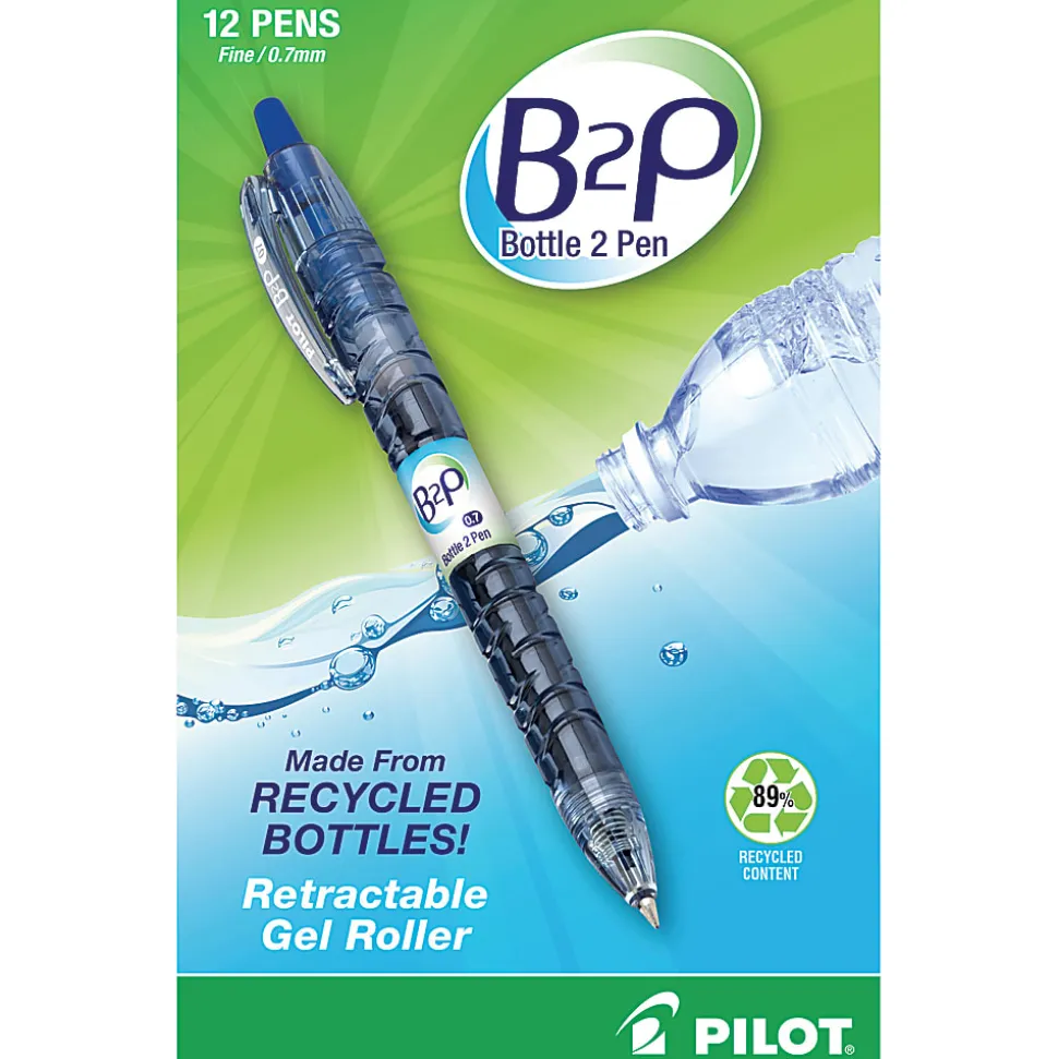 Pilot® "Bottle to Pen" B2P Retractable Gel Pens, Fine Point, 0.7 mm, 89% Recycled, Translucent Barrel, Blue Ink, Pack Of 12