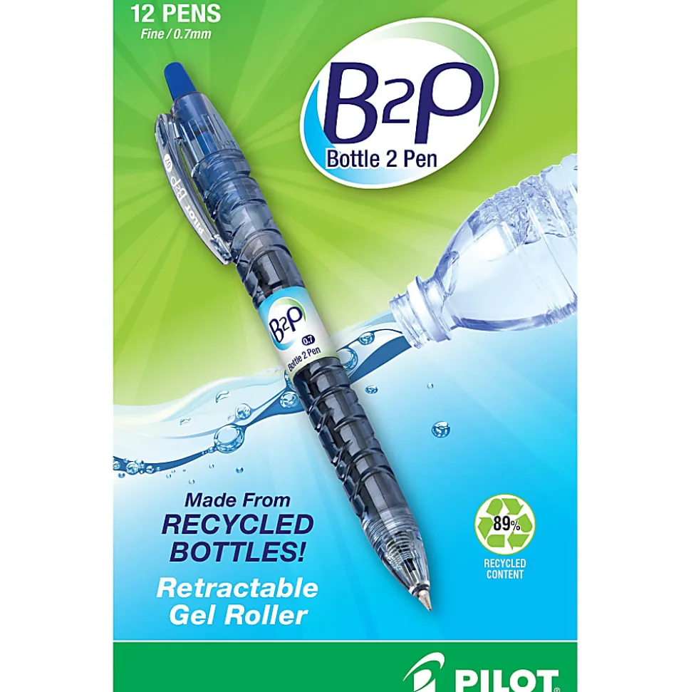 Pilot® "Bottle to Pen" B2P Retractable Gel Pens, Fine Point, 0.7 mm, 89% Recycled, Translucent Barrel, Blue Ink, Pack Of 12