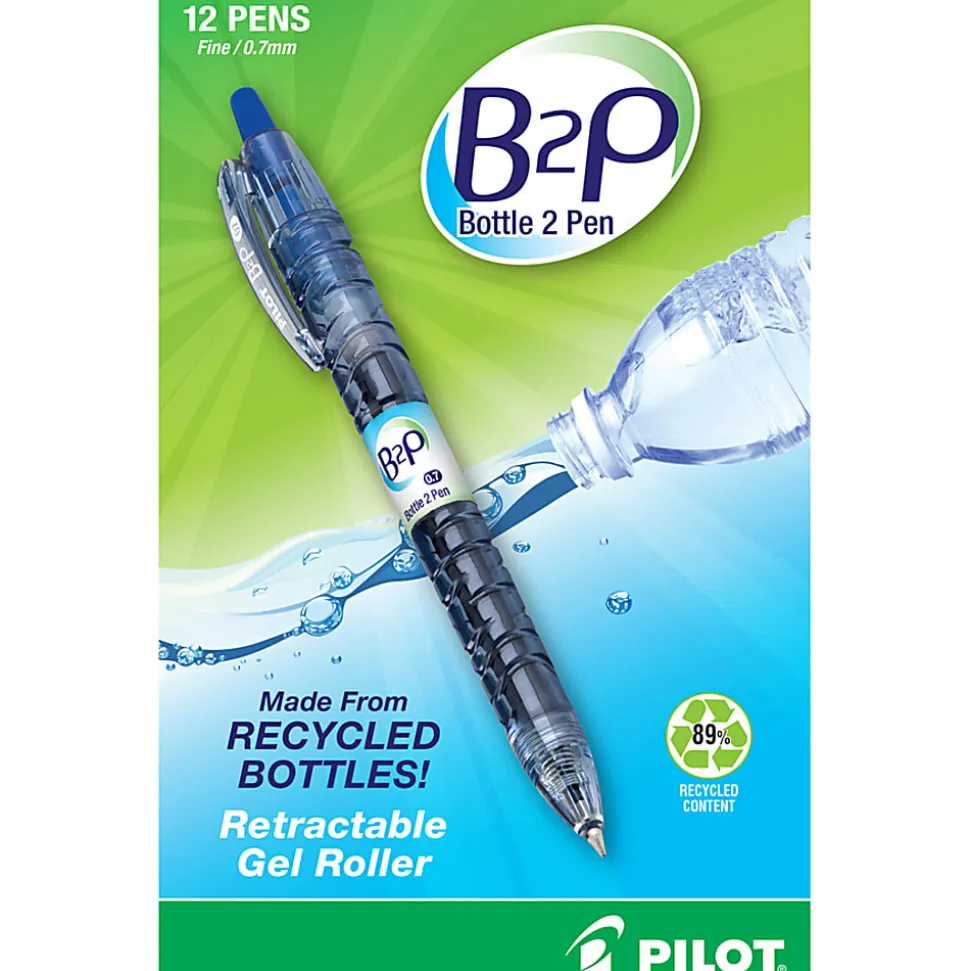 Pilot® "Bottle to Pen" B2P Retractable Gel Pens, Fine Point, 0.7 mm, 89% Recycled, Translucent Barrel, Blue Ink, Pack Of 12