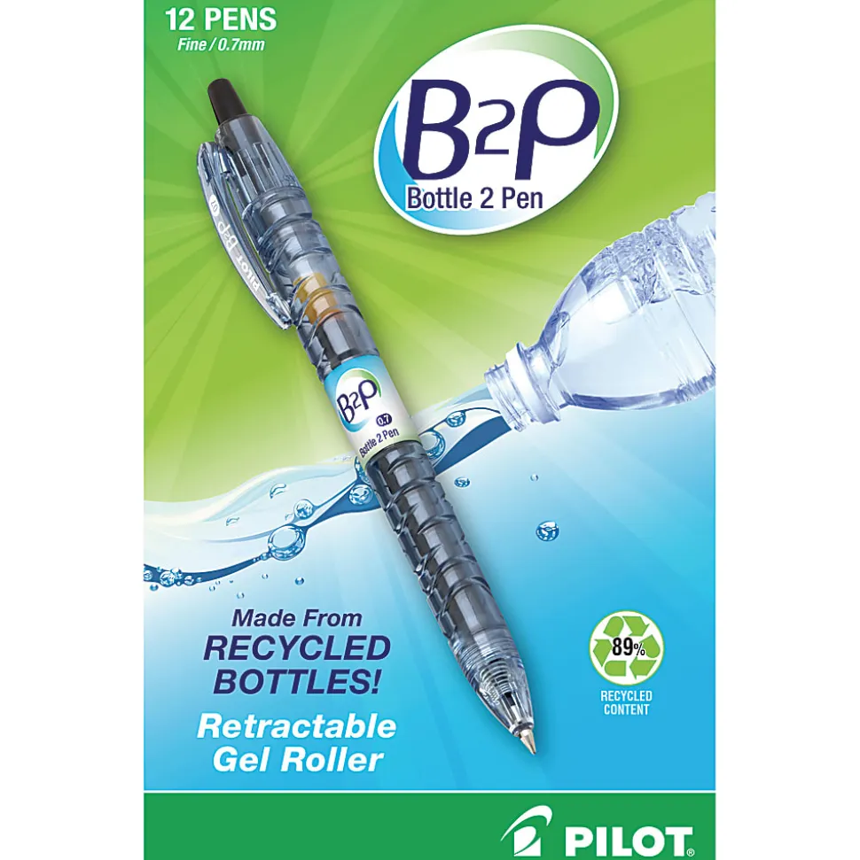 Pilot® "Bottle to Pen" B2P Retractable Gel Pens, Fine Point, 0.7 mm, 89% Recycled, Translucent Barrel, Black Ink, Pack Of 12