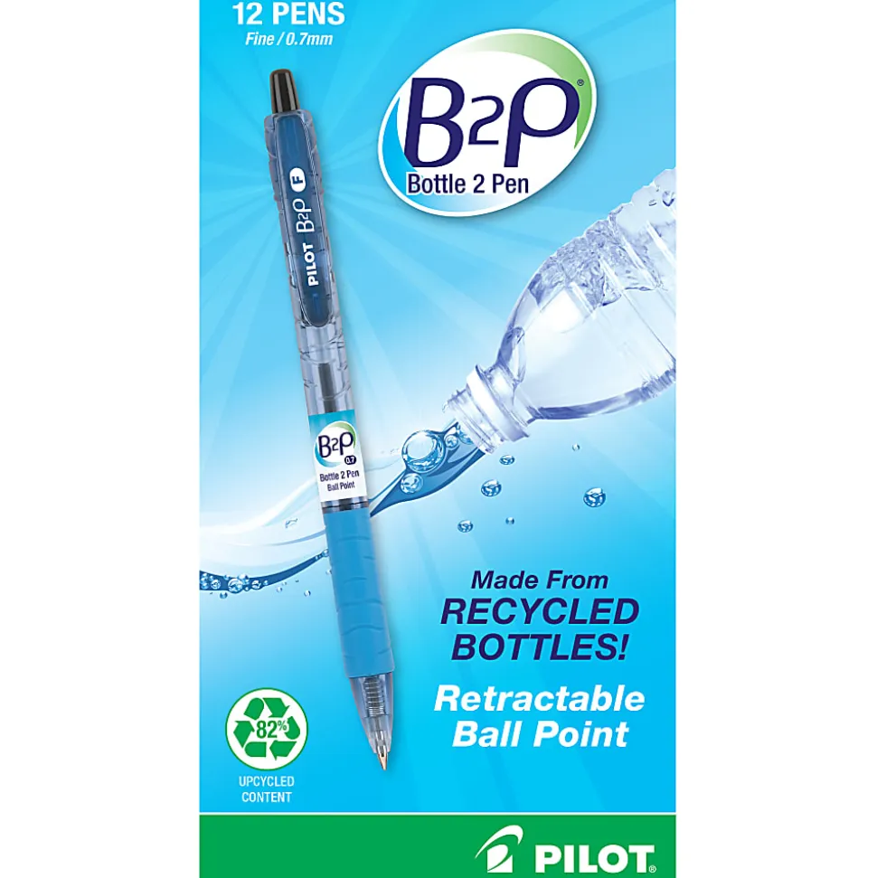 Pilot® B2P "Bottle To Pen" Retractable Ballpoint Pens, Fine Point, 0.7 mm, 82% Recycled, Translucent Blue Barrels, Black Ink, Pack Of 12