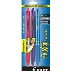 Pilot FriXion Ball Clicker Erasable Retractable Gel Pens, Pack of 3 pens, Fine Point, 0.7mm, Assorted Barrel Colors, Assorted Ink Colors