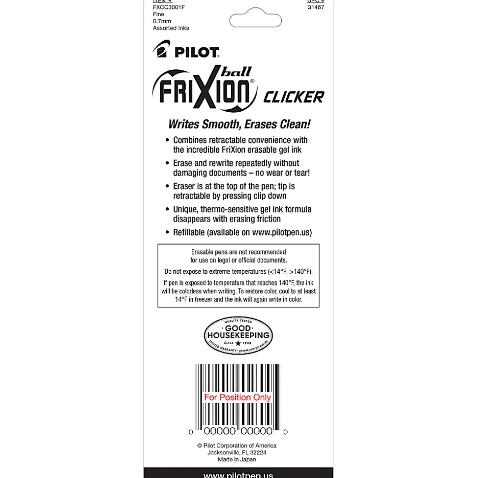 Pilot® FriXion® Ball Clicker Erasable Retractable Gel Pens, Pack of 3, Fine Point, 0.7 mm, Assorted Barrels, Assorted Ink Colors