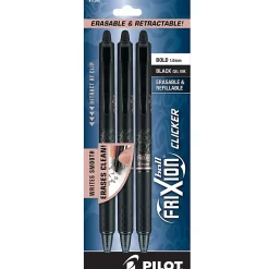 Pilot® FriXion® Ball Clicker Erasable Retractable Gel Pens, Pack of 3, Bold Point, 1.0 mm, Black Barrels, Black Ink