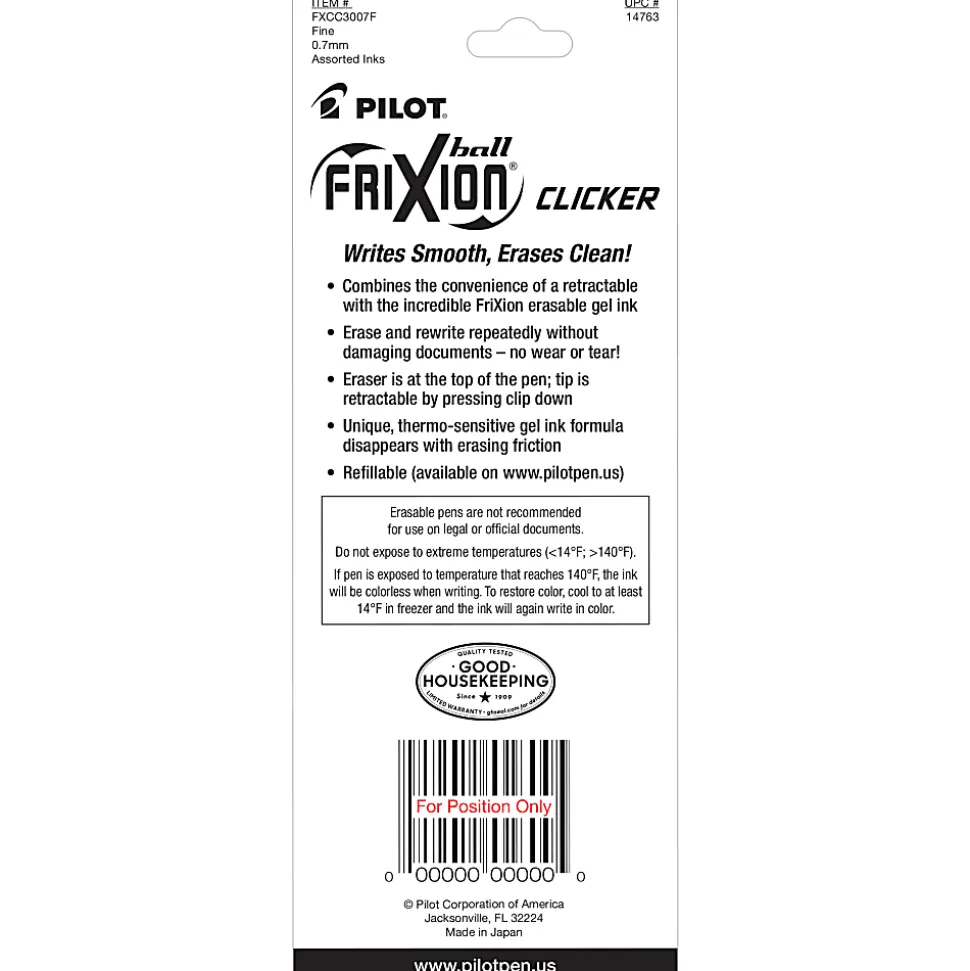 Pilot® FriXion® Ball Clicker Erasable Retractable Gel Pens, Pack of 3, Fine Point, 0.7mm, Assorted Barrels, Assorted Ink