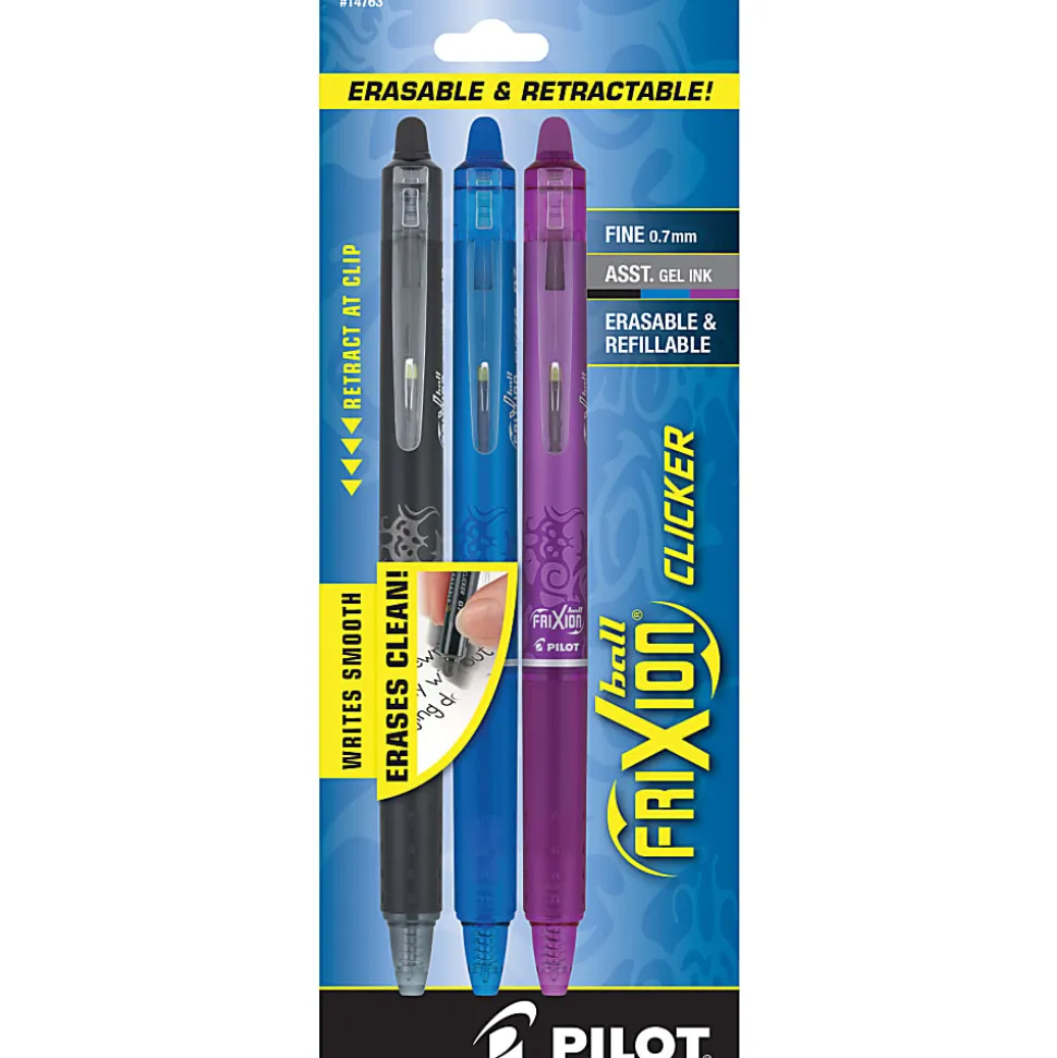 Pilot® FriXion® Ball Clicker Erasable Retractable Gel Pens, Pack of 3, Fine Point, 0.7mm, Assorted Barrels, Assorted Ink