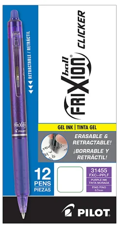 Pilot® FriXion® Ball Clicker Erasable Retractable Gel Pens, Pack of 12, Fine Point, 0.7 mm, Purple Barrel, Purple Ink