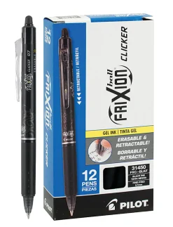 Pilot® FriXion® Ball Clicker Erasable Retractable Gel Pens, Pack of 12, Fine Point, 0.7 mm, Black Barrels, Black Ink