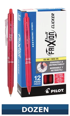 Pilot® FriXion® Ball Clicker Erasable Retractable Gel Pens, Pack of 12, Fine Point, 0.7 mm, Red Barrels, Red Ink