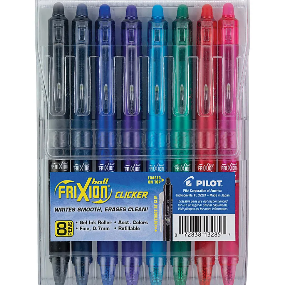 Pilot® FriXion® Ball Clicker Erasable Retractable Gel Pens, Pack of 8, Fine Point, 0.7 mm, Assorted Barrel Colors, Assorted Ink Colors